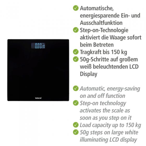 Personenwaage LCD Schwarz, digitale Körperwaage bis 150 kg