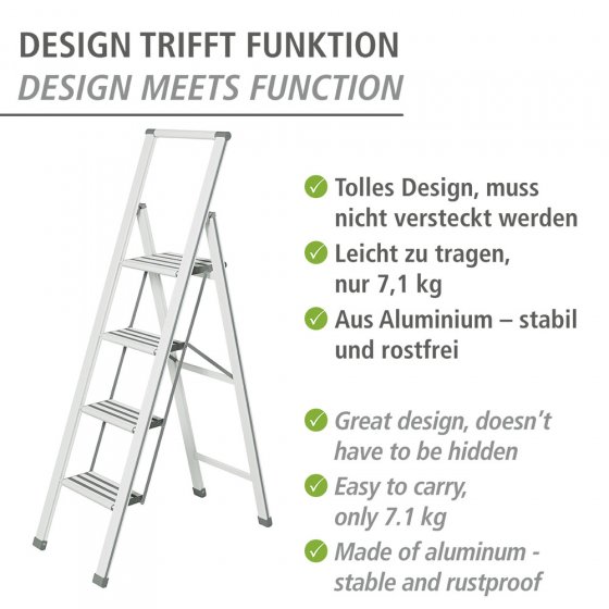 Alu-Design Klapptrittleiter 4-stufig Weiß, rutschsichere Stufen