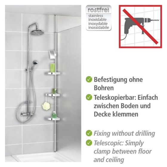 Teleskop Duschecke Premium glänzend, mit 3 Ablagen und Spiegel 