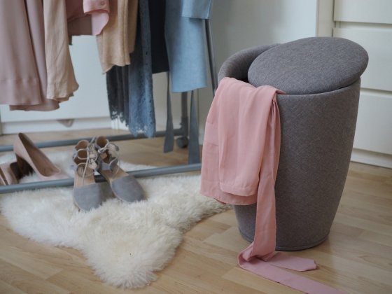 Hocker Mod. Candy Grey Leinenoptik, mit abnehmbarem Wäschesammler 