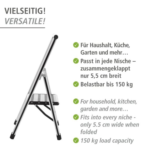 Alu-Design Klapptrittleiter 1-stufig Silber, rutschsichere XXL-Stufen 