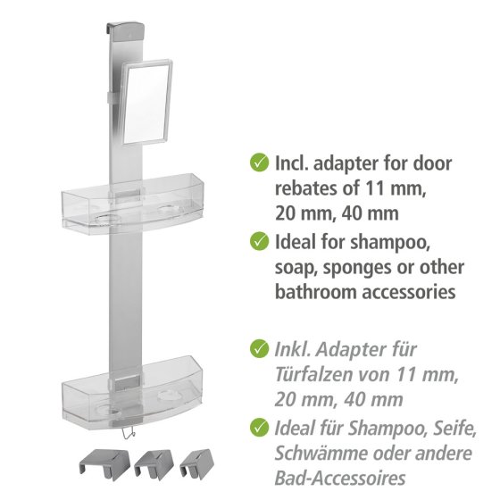 Duschcaddy Premium mit Antibeschlagspiegel, mit 2 Ablagen und Edelstahl-Haken 