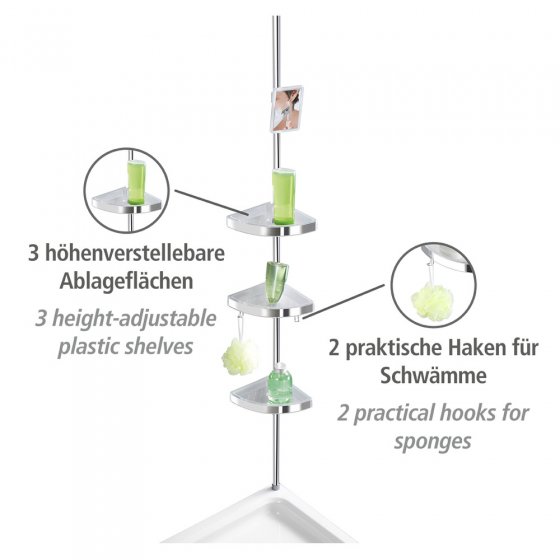 Teleskop Duschecke Premium glänzend, mit 3 Ablagen und Spiegel 