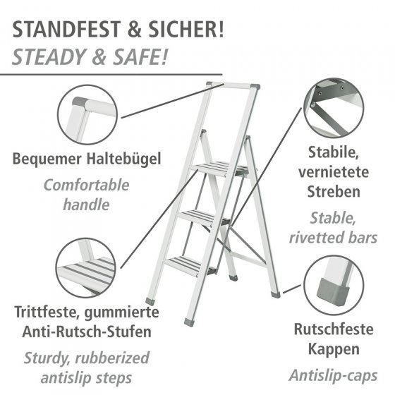 Alu-Design Klapptrittleiter 3-stufig Weiß, rutschsichere XXL-Stufen