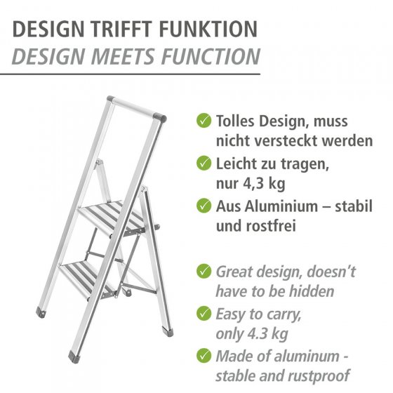 Alu-Design Klapptrittleiter 2-stufig Weiß, rutschsichere XXL-Stufen