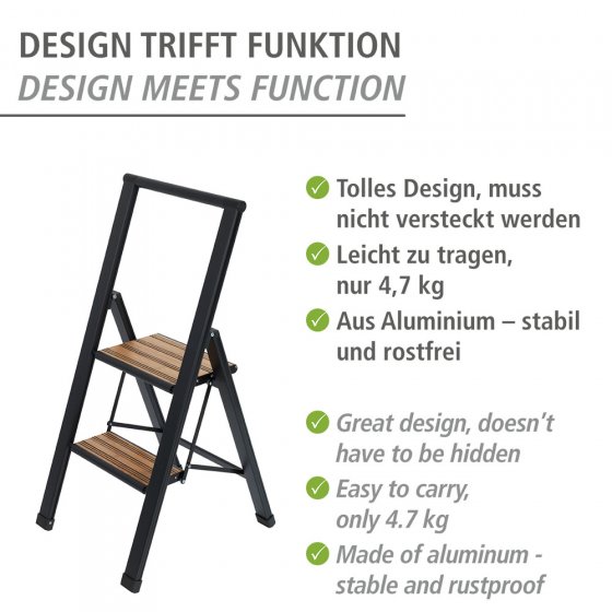 Alu-Design Klapptrittleiter 2-stufig Schwarz, rutschsichere XXL-Stufen 