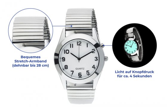 Beleuchtete Herrenuhr Silber, Gehäuse ca. 3,7 cm Ø 