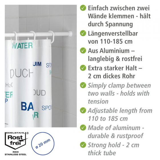 Teleskop-Duschstange Weiß Ø 2 cm, 110 - 185 cm, aus rostfreiem Aluminium