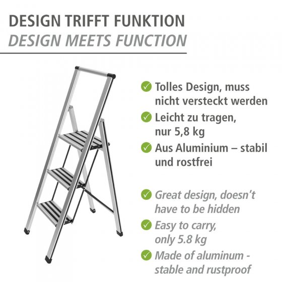 Alu-Design Klapptrittleiter 3-stufig Silber, rutschsichere XXL-Stufen