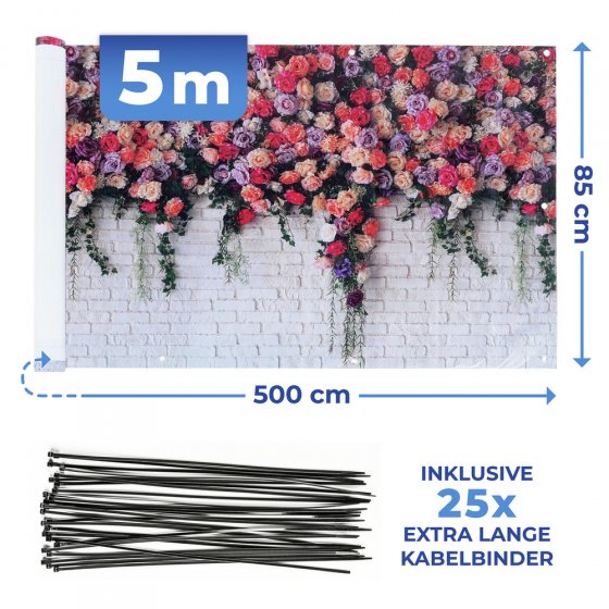 Balkon-Sichtschutz Rosen, 5 m, UV- und witterungsbeständig 