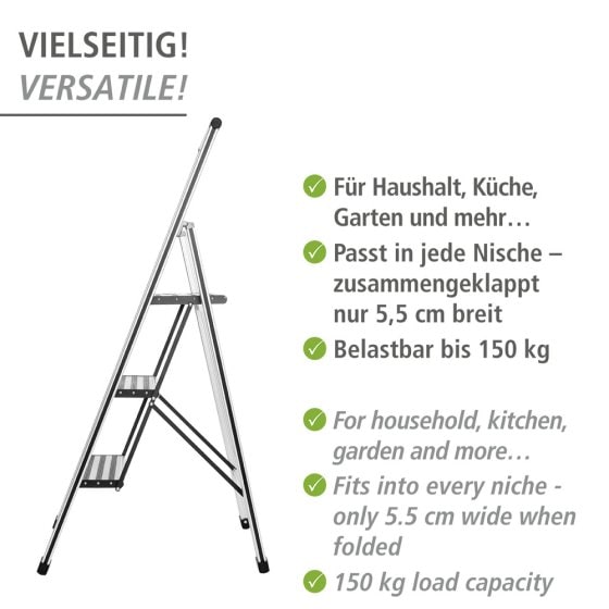 Alu-Design Klapptrittleiter 3-stufig Silber, rutschsichere XXL-Stufen 