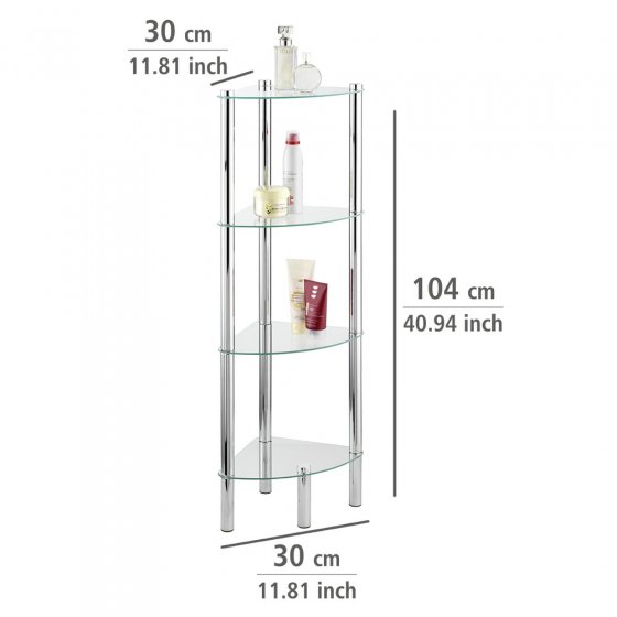 Eckregal Mod. Yago mit 4 Glasablagen, aus Edelstahl und Sicherheitsglas