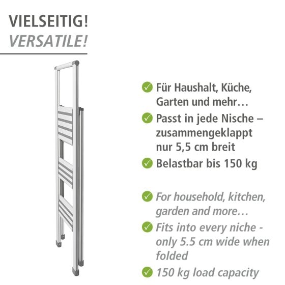 Alu-Design Klapptrittleiter 3-stufig Weiß, rutschsichere XXL-Stufen 
