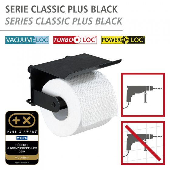 Toilettenpapierhalter mit Ablage Classic Plus Black, mit hochwertigem Rostschutz