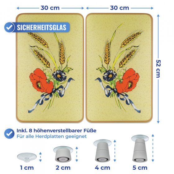 Herdabdeckplatte Universal Mod. Kornblumen, 2er Set, für alle Herdarten geeignet