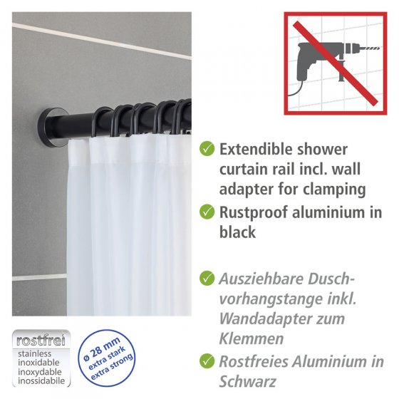 Teleskop-Duschstange Mod. Luz 70-115 cm, Schwarz, ausziehbar, aus rostfreiem Aluminium 