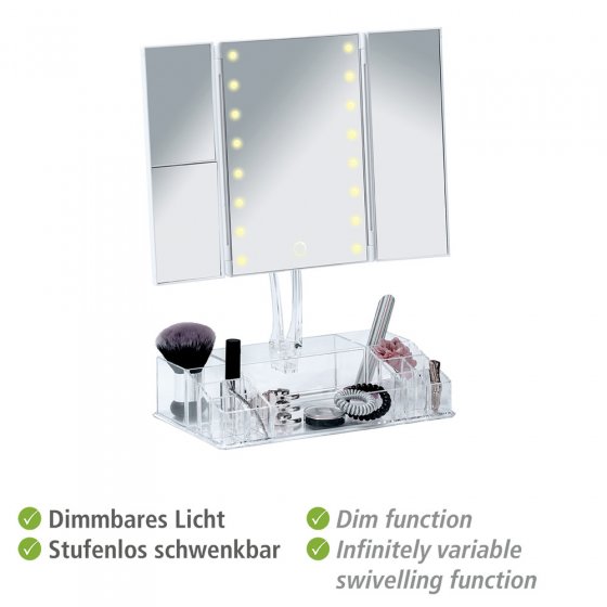 LED-Standspiegel mit Organizer Mod. Fanano, Leuchtspiegel mit 2-/3-fach Vergrößerung