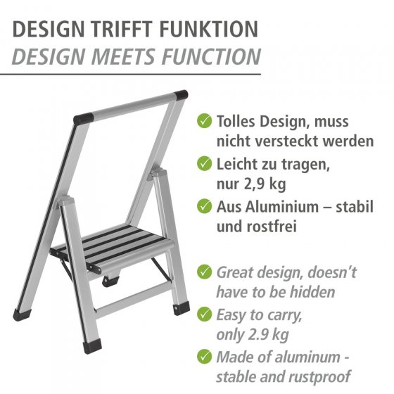 Alu-Design Klapptrittleiter 1-stufig Silber, rutschsichere XXL-Stufen
