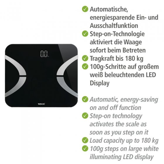 Analysewaage LED mit Bluetooth Schwarz, Körperfettwaage