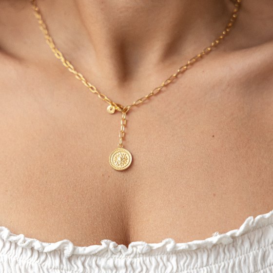 Collier 925 Silber Kette Y-Kette vergoldet Münze Sonne Karma 