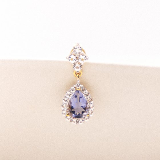 Ohrringe Gold 585 mit echtem Iolith-Tropfen + Weißtopas 