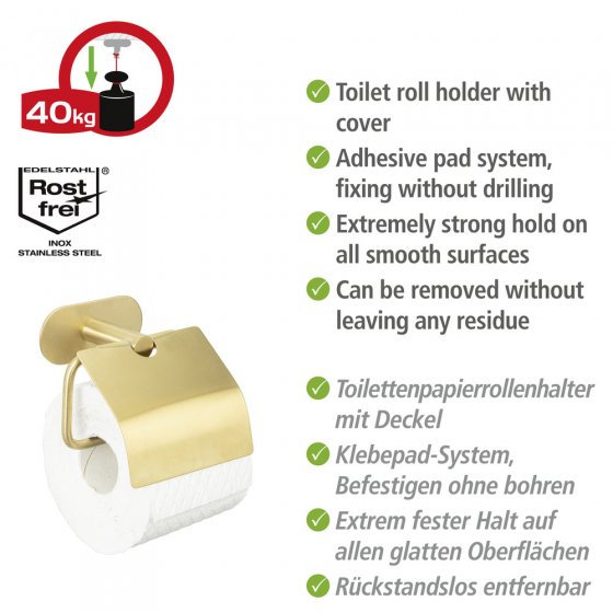Turbo-Loc® Toilettenpapierhalter mit Deckel Mod. Orea Gold Matt, Befestigen ohne bohren 