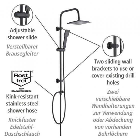 Duschsystem Mod. Quadro Schwarz matt, mit Regendusche und Handbrause 