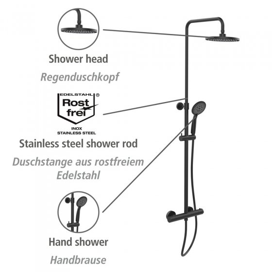 Duschsystem Mod. Young Eco mit Thermostat-Armatur Schwarz, inkl. 2 Watersaving Regulatoren 