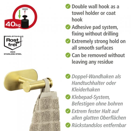 Turbo-Loc® Wandhaken Mod. Orea Duo Gold Matt, Befestigen ohne bohren 