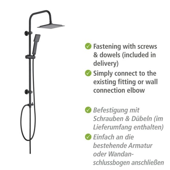 Duschsystem Mod. Quadro Schwarz matt, mit Regendusche und Handbrause 