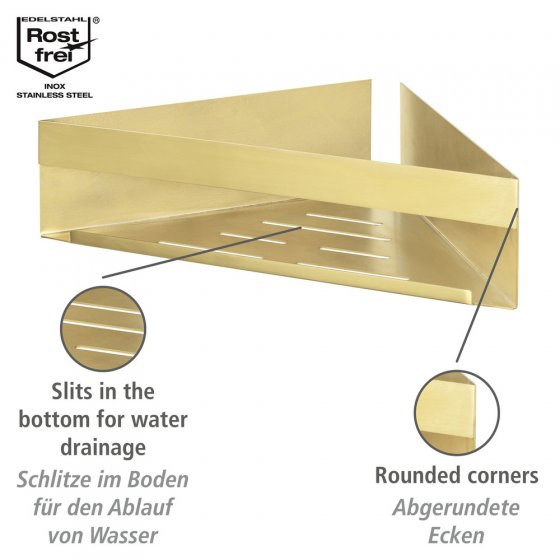 Turbo-Loc® Eckablage Mod. Genova Gold Matt, befestigen ohne Bohren mit Spezial-Klebepad 