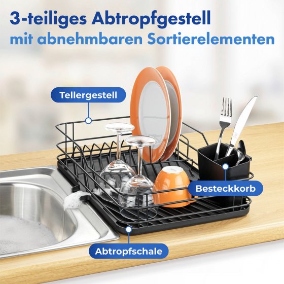Geschirrabtropfer Schwarz 3-teilig , abnehmbare Sortierelemente
