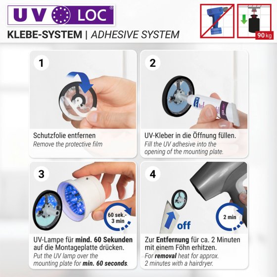UV-Loc® Badetuchstange Uno Mod. Udine 40 cm, Befestigen ohne Bohren mit innovativem Klebesystem 