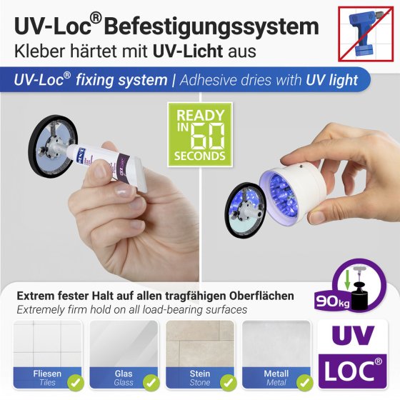 UV-Loc® Badetuchstange Uno Mod. Maribor 60 cm, Befestigen ohne Bohren mit innovativem Klebesystem 