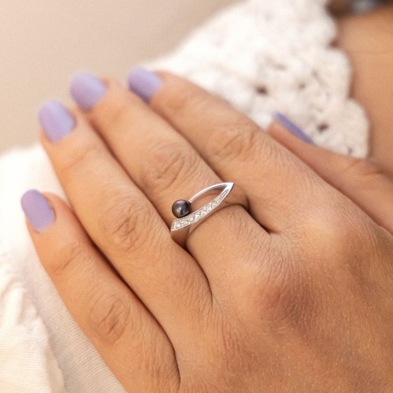 Ring Silber 925 rhodiniert mit schwarzer Perle & Zirkonia weiß 