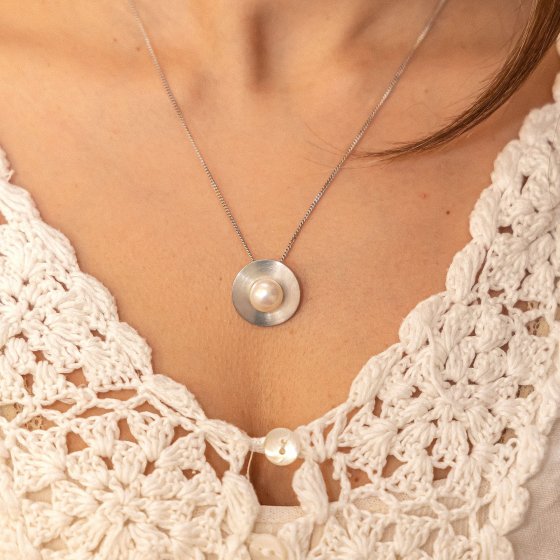 Halskette Silber 925 rhodiniert mit einer weißen Perle 10mm 