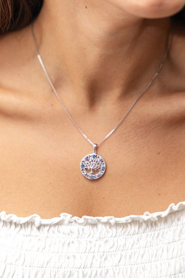 Halskette Silber 925 rhodiniert mit Lebensbaum-Motiv und Zirkonia-Steinen 