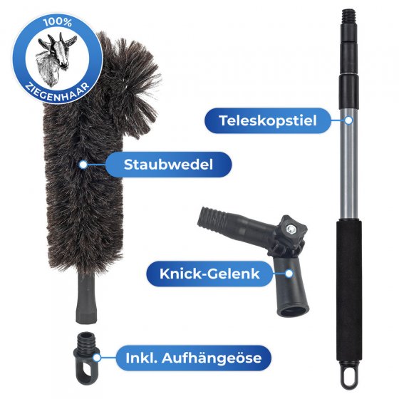Ziegenhaar-Staubbesen mit Knickgelenk und Teleskop-Stiel, 100 % echtes Ziegenhaar 