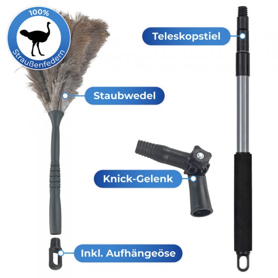 Straußenfeder Staubwedel inkl. Stiel, knickbar 