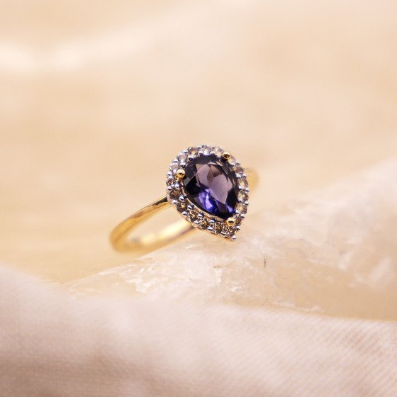 Ring Gold 585 mit echtem Iolith-Tropfen + Weißtopas 