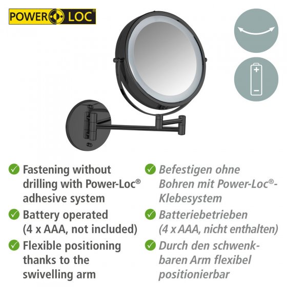 Power-Loc® LED Wandspiegel Mod. Lumi Schwarz, mit 5-fach Vergrößerung 