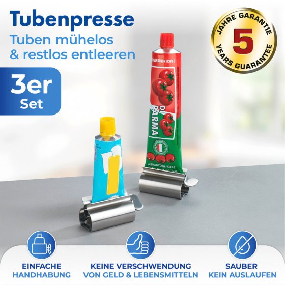 Tubenpresse EDELSTAHL, 3er Set, Tuben restlos entleeren