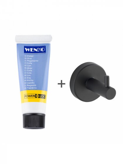 Wandhaken Mod. Bosio inkl. Kleber, Schwarz matt, Befestigen ohne bohren - Power-Loc® 