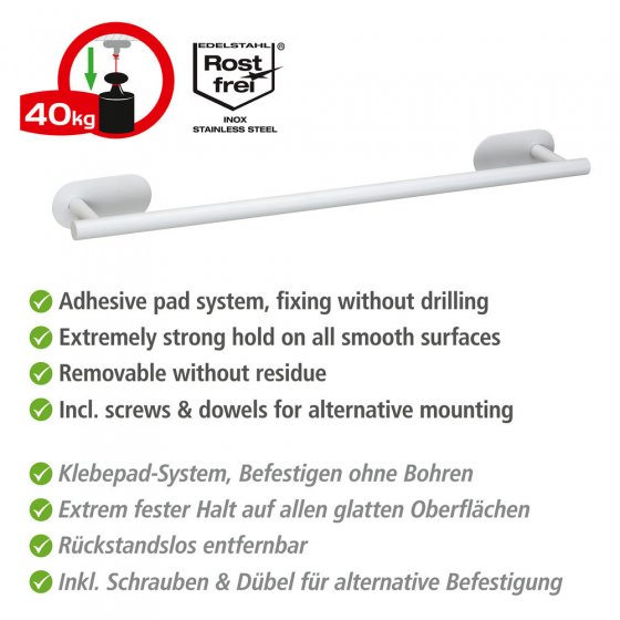Turbo-Loc® Badetuchstange Uno Mod. Orea White matt, 60 cm, aus rostfreiem Edelstahl 