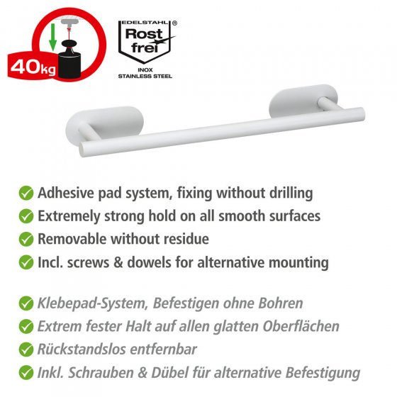 Turbo-Loc® Badetuchstange Uno Mod. Orea White matt, 40 cm, aus rostfreiem Edelstahl 