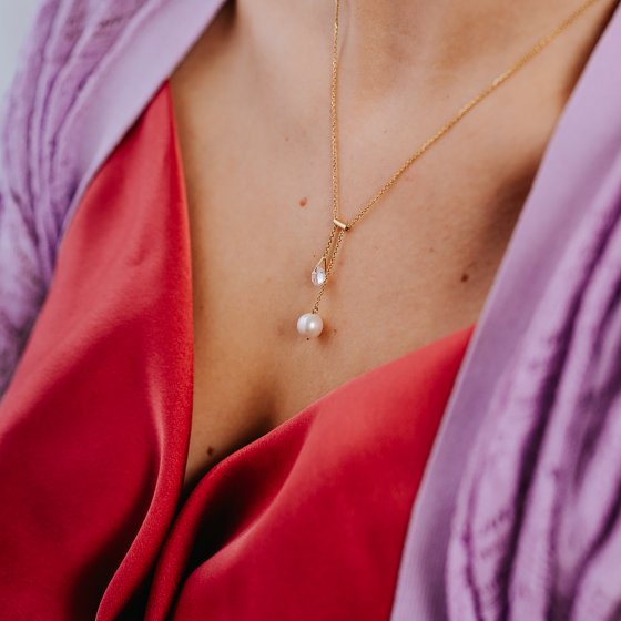 Anhänger mit Kette 925/- Sterling Silber vergoldet  Perle und Zirkonia 