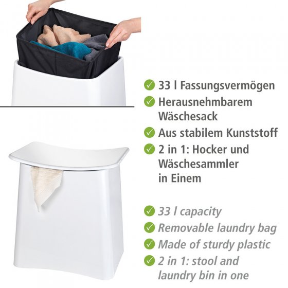 2in1 Hocker Mod. Wing Weiß, Badhocker mit herausnehmbarem Wäschesack 