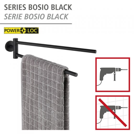 Handtuchhalter Mod. Bosio 2-armig inkl. Kleber, Schwarz matt, Befestigen ohne bohren - Power-Loc® 