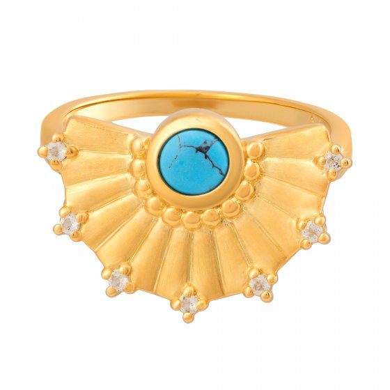 Ring 925 Silber vergoldet Fächer Anhänger mit Türkis & Weißtopas 