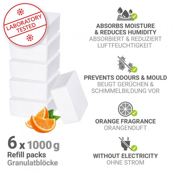 Raumentfeuchter Mod. Cube Nachfüller 1000 g mit Orangenduft, 6er Set, Luftentfeuchter Nachfüllpack